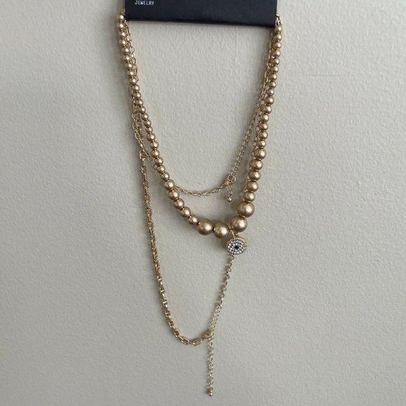 Free Press Gold Brass Evil Eye Multi-Layering Necklace, NEW - Picture 1 of 5